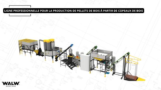 Ligne de production de pellets de bois à partir de copeaux de bois et d'autres matières en vrac, telles que : balle d'épeautre, fumier, luzerne, copeaux, papier et paille